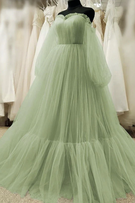 Green Off The Shoulder Sweetheart A Line Evening Dress Long Sleeves Tulle Prom Dresses Ss916