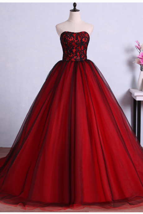 Gorgeous Strapless Sweetheart A-line Evening Dress Tulle Lace Satin Long Prom Dress Ss917