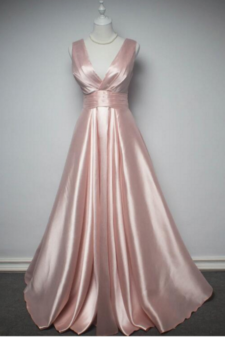 Pink V Neck A Line Satin Evening Dress Floor Length Prom Gowns Ss918