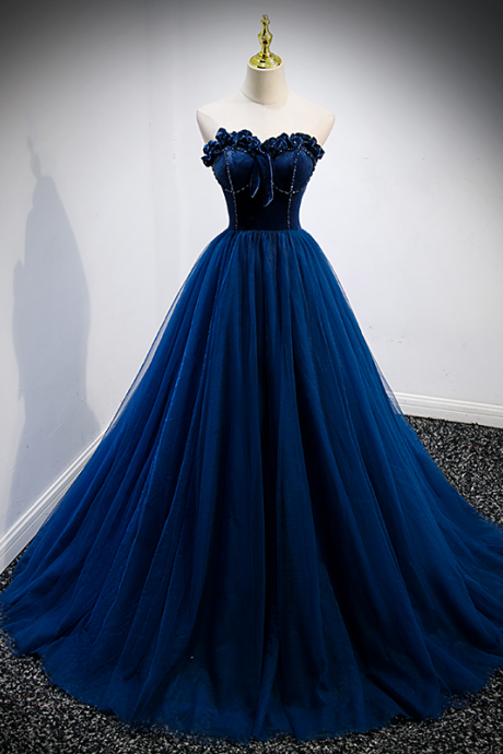Charming Blue Velvet Tulle Sweetheart Neckline A-line Formal Prom Dress Ss920