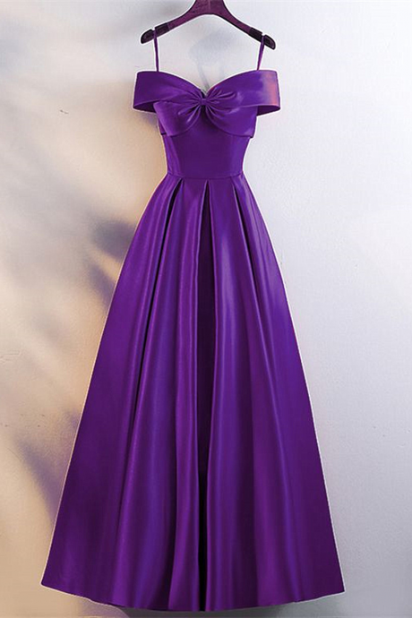 Purple Straps Off The Shoulder Satin Bow Hand Made Sweetheart A-line Evening Dress Ss921