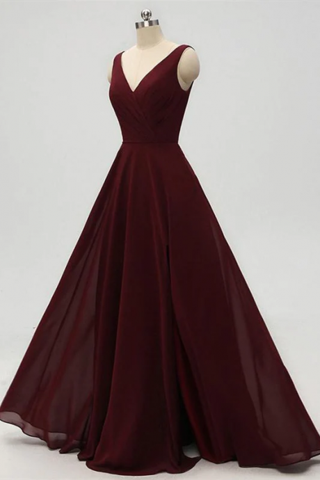 Elegant A-line Double V-neck Burgundy Party Evening Prom Dress Bridemaid Dress Ss923