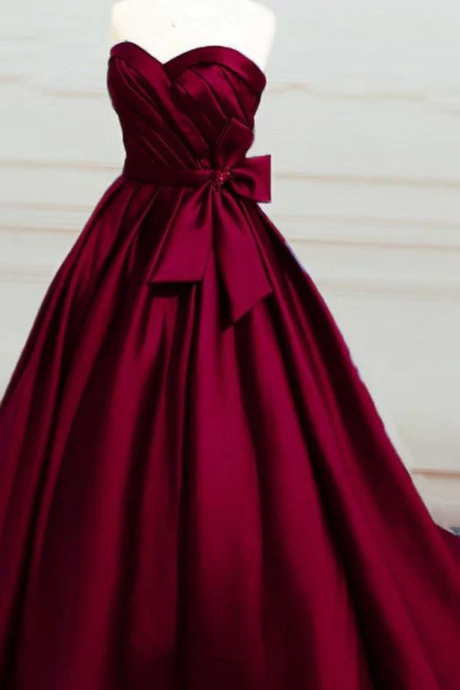 Burgundy Strapless A-line Satin Long Evening Dress Prom Dress Ball Gowns With Bow Ss933