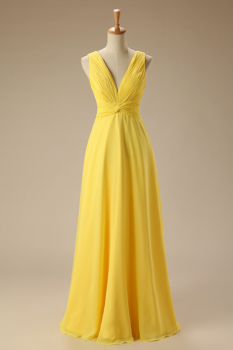 Elegant Yellow V-neck Chiffon Long Bridesmaid Dresses Evening Dress Ss936
