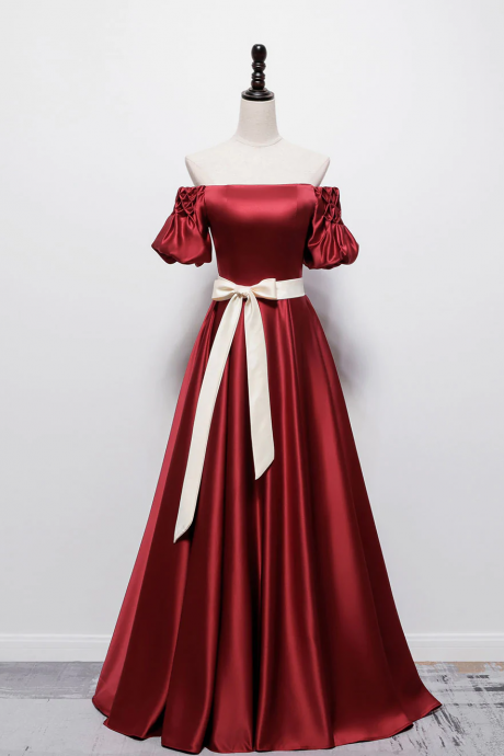 Elegant Burgundy Satin A-line Floor Length Prom Dress With White Belt Ss939