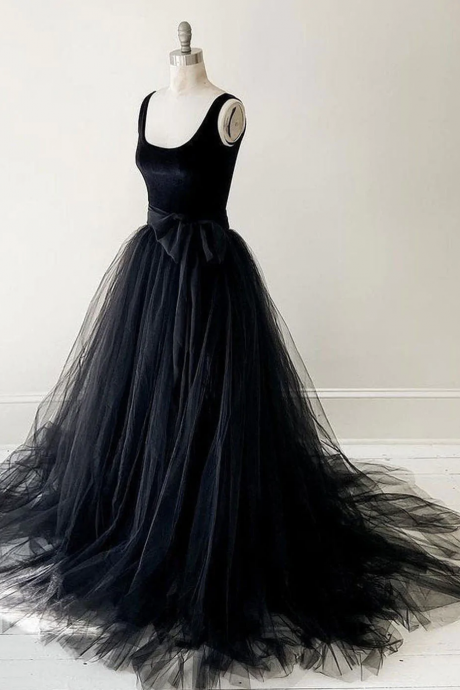 Black Sequare Neck Sleeveless Velvet Tulle Long Evening Party Prom Dresses Ss943
