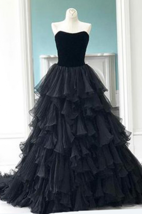 Princess Black Tulle Evening Dresses,sweetheart Neck Long Multi-layer Evening Dress, Prom Gown Ss946