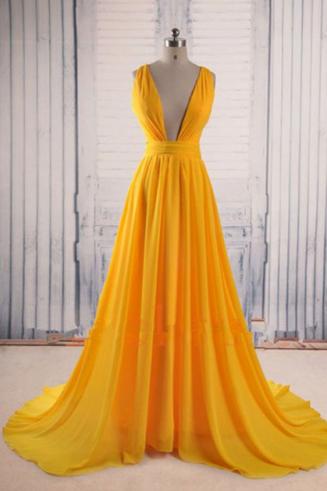 Custom Charming Yellow Chiffon Prom Dress,sexy Deep V-neck Evening Dress,sexy Open Back Prom Dress Ss947