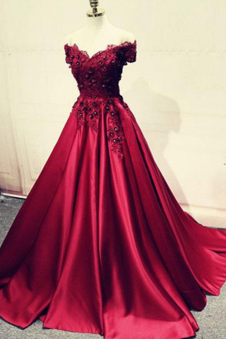Burgundy Lace Off Shoulder Long Prom Dress Hand Made Lace Evening Dress Ss948