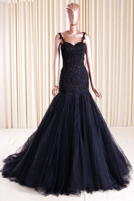 Lace Appliques Sweetheart Spaghetti Straps Floor Length Tulle Trumpet Dress, Formal Evening Dress Ss951