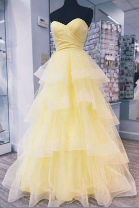Yellow Tulle Strapless Long Layered Sweet 16 Prom Dress Evening Dress Ss955