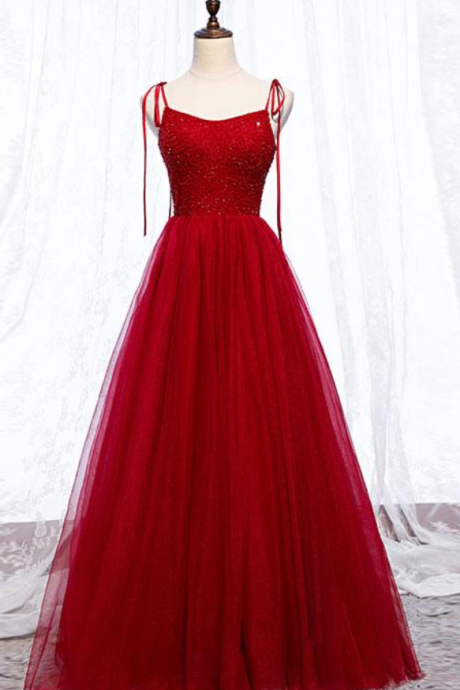 Unique Burgundy Tulle Crystal Beads Long A Line Prom Dress Evening Dress Ss956