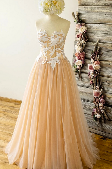 Sweetheart Champagne Tulle A Line Customize Long Prom Dress, Party Dress Ss957