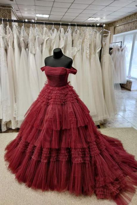 Off The Shoulder Burgundy Ball Gown Evening Dress Formal Occasion Prom Dress Ss964