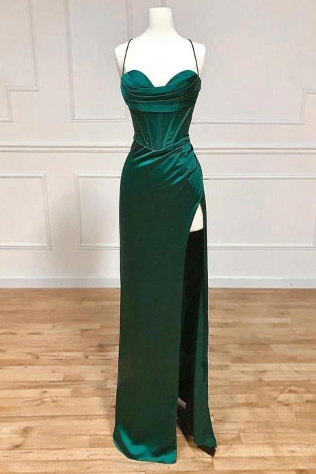 Green Satin Straps Long Prom Dress With Leg Slit, Green Prom Dress Ss976