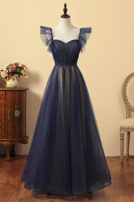 Navy Blue Tulle Long Party Dress, A-line Tulle Formal Dress Ss979