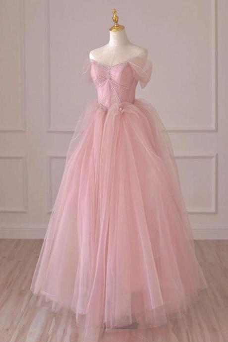 Pink Tulle Lace Long Formal Dress, A-line Off Shoulder Pink Prom Dress Ss984