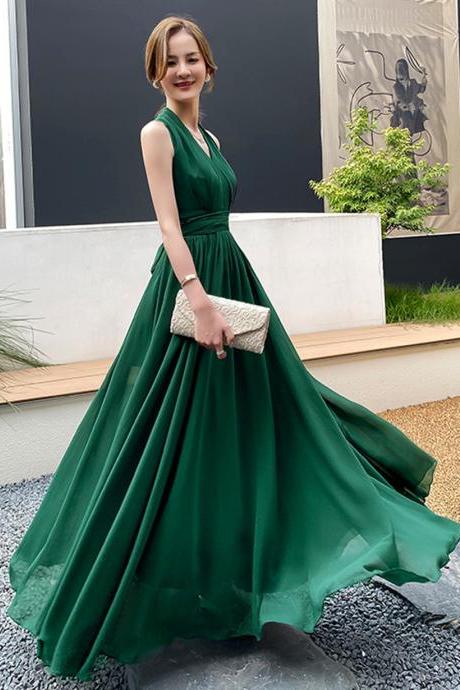 Green Chiffon Simple Bridesmaid Dress, A-line Floor Length Prom Dress Ss985