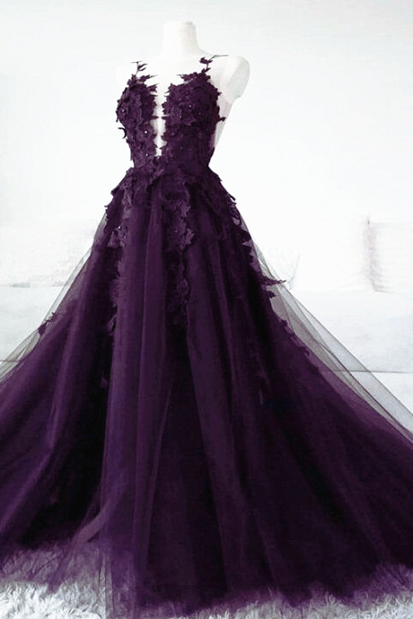 Dark Purple Tulle With Lace Applique Long Wedding Party Dress, Purple Formal Dress Ss986