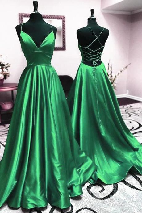 V Neck Green Backless Long Prom Dresses, Open Back Green Long Formal Dresses Ss988