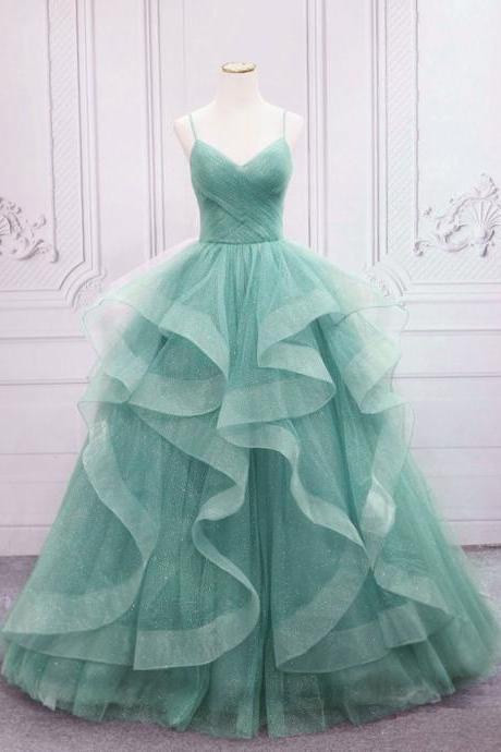A-line V Neck Tulle Long Prom Dress, Green Straps Sweet 16 Dress Ss991