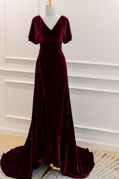 Burgundy Velvet Long Wedding Party Dress, A-line Velvet Formal Dress Hand Made Custom Ss995
