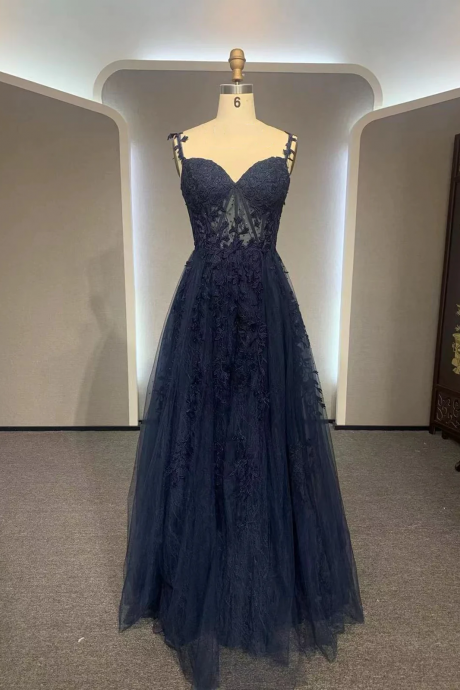 Navy Blue Long Lace Prom Dresses, Dark Navy Blue Long Lace Formal Evening Dress Hand Made Sa01