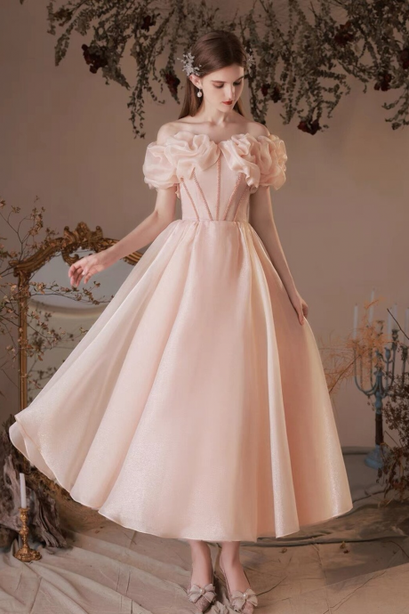 Hand Made Cute Pink Formal Dress Prom Dress, Hand Made Pink Tea Length Sweetheart Beaded Party Dress Sa02