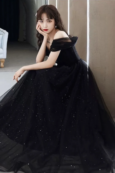 Black Off Shoulder A-line Full Length Prom Dress Hand Made Evening Dress Sa05