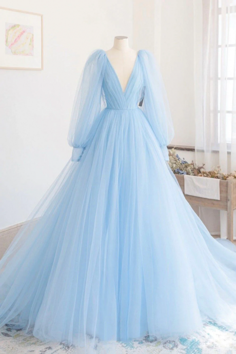 Blue Long Sleeve V-neck Tulle Long Prom Dress, Hand Made A-line Long Sleeve Evening Dress Sa08