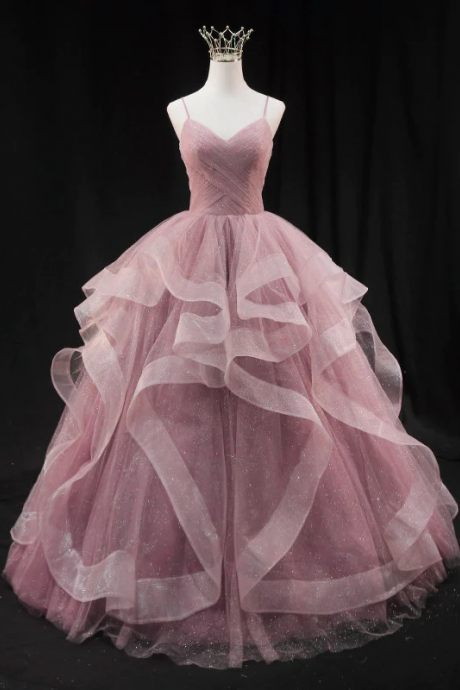 Pink Ball Gown Tulle Full Length Long Formal Dress Hand Made Custom Sweetheart Pink Tulle Evening Dress Sa09
