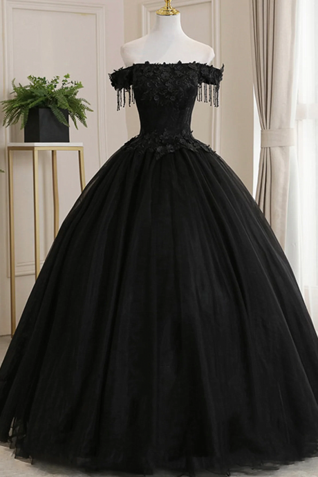 Black Off Shoulder Tulle Ball Gown Sweet 16 Prom Dresses Long Formal Evening Dress Sa12