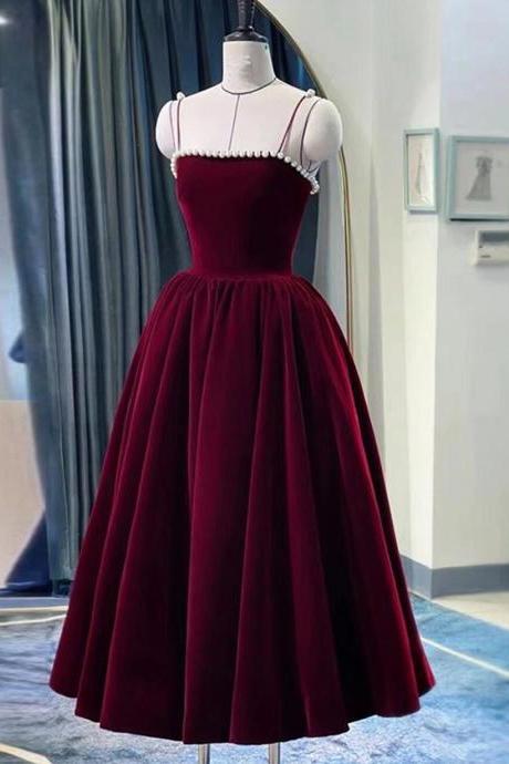 Dark Red Straps Velvet Party Dress With Pearls Hand Made Tea Length Formal Dress Sa14