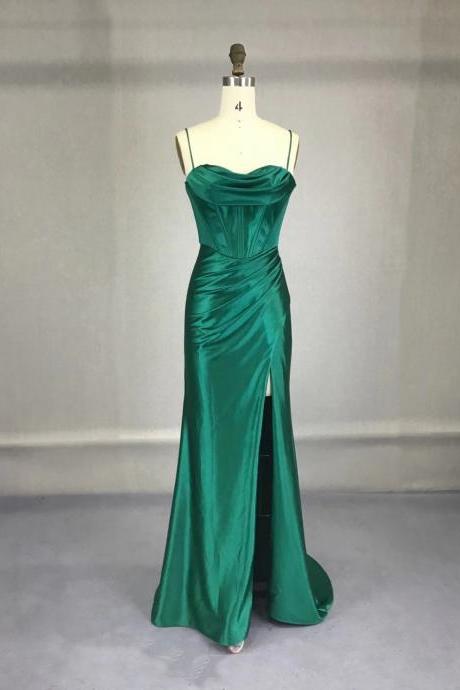 Sexy Satin Straps Lace-up Long Evening Dress Green A-line Formal Dress Hand Made Sa15