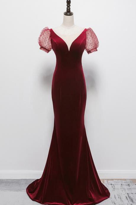 Charming Short Sleeve Burgundy Mermaid Velvet Evening Party Dress Wine Red Floor Length Prom Dress Sa16