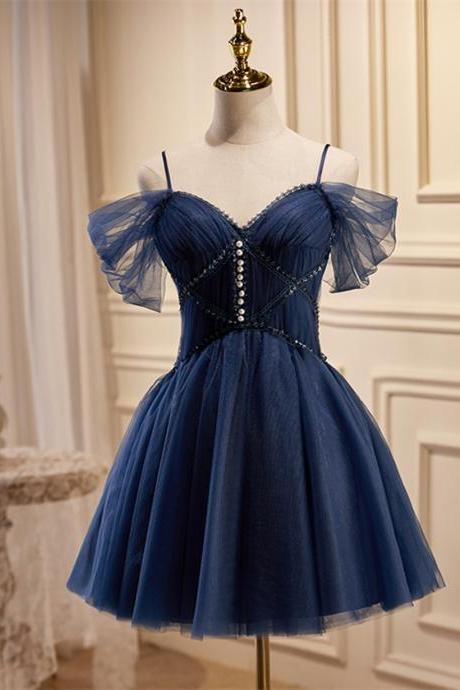 Navy Blue Short Tulle Prom Dress Beaded Homecoming Dresses Party Evening Dress Sa17