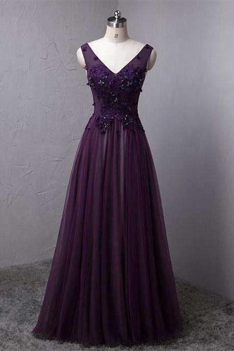 Purple V Neck Floor Length Prom Dress, Hand Made A-line Tulle Formal Evening Dress Sa22