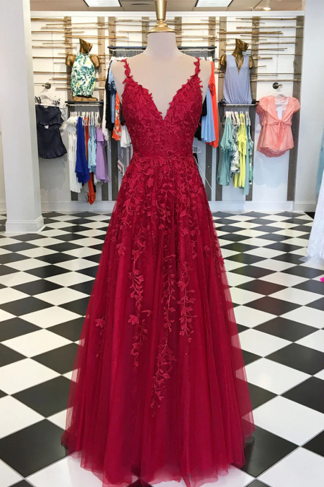 Burgundy V Neck Lace Applique Long Formal Dress,hand Made A-line Prom Dress Sa24