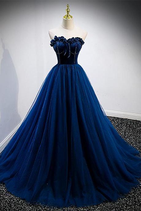 Charming Blue Velvet Top And Tulle A-line Formal Evening Dress,hand Made Blue Sweetheart Prom Dress Sa30