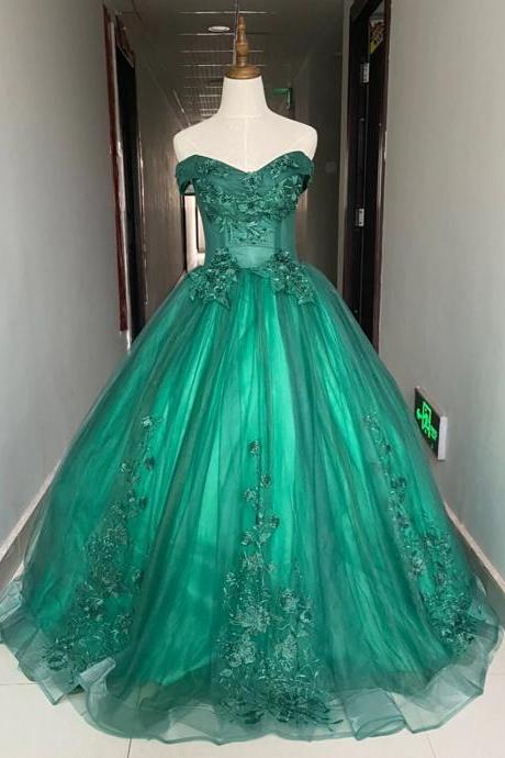 Green Tulle Ball Gown Off Shoulder Sweet 16 Dresses, Hand Made Formal Dresses Sa31
