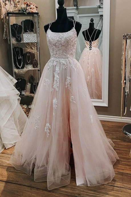 Cute Pink Tulle With Laec Applique V-neckline Low Back Formal Dress,hand Made Pink Prom Dress Sa33