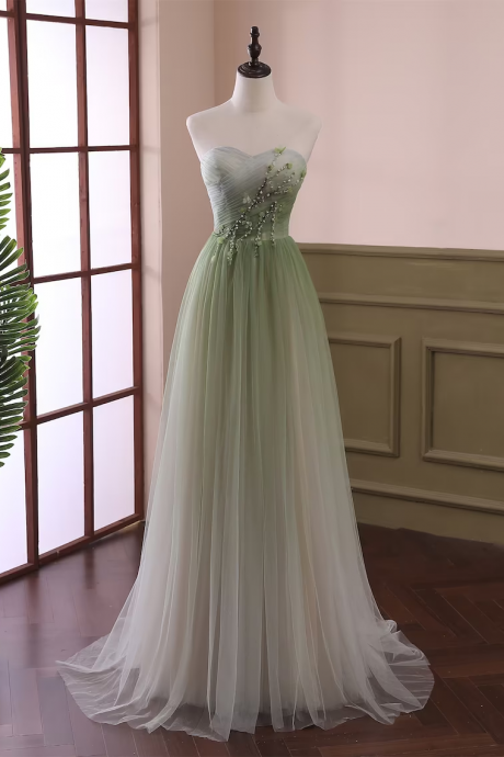 Charming Green Gradient Tulle Full Length Sweetheart Beaded Long Formal Dress, Hand Made Green Evening Party Dresses Sa35