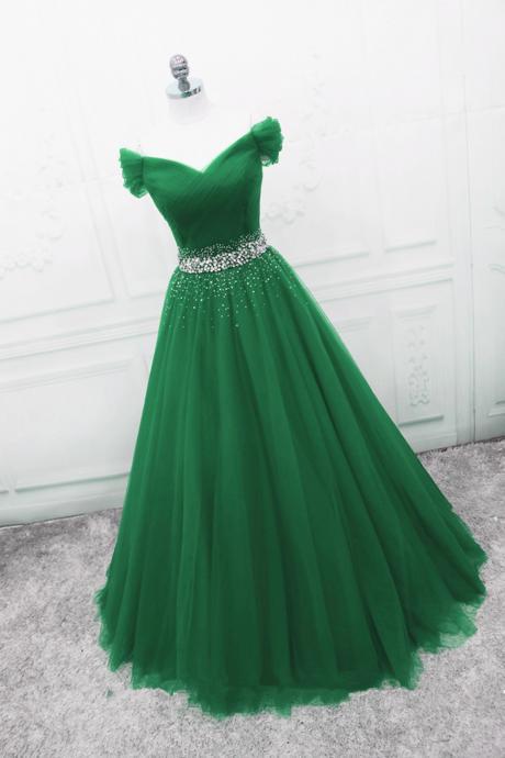 Beautiful Off Shoulder Tulle Beaded A-line Formal Dress,hand Made Green Floor Length Evening Dress Sa36