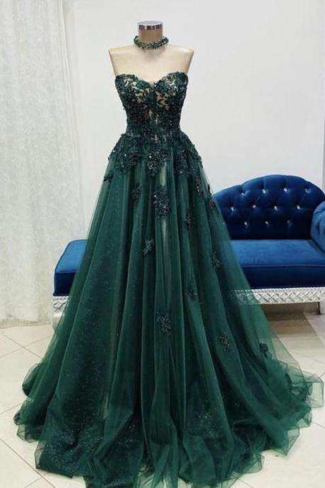 Beautiful Dark Green Tulle Sweetheart Long Formal Dress,hand Made Green Junior Prom Dress Sa37
