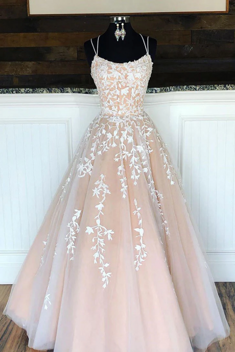 Champagne Pinkg Lace-up Long Tulle With Lace Evening Party Dress, Evening Prom Dresses Sa45
