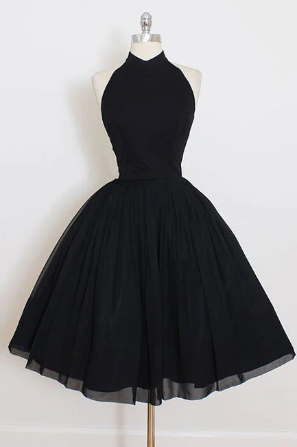Black Tulle High Neckline Knee Length Party Dress,hand Made Black Homecoming Dresses Sa46