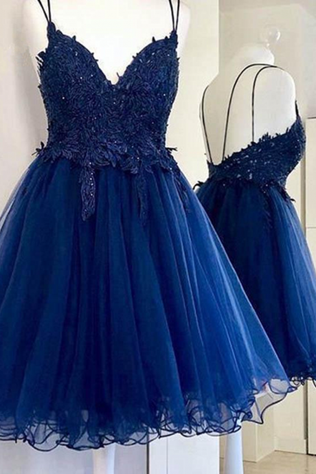 Blue V Neck Short Prom Dress With Beads Appliques Homecoming Evening Dress Sa49