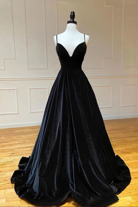 V Neck Full Length Black Velvet Straps Low Back Long Party Dress Hand Made Formal Dresses Sa50