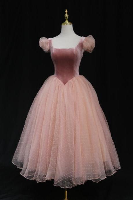 Tulle And Velvet Short Sleeves Party Dress, Hand Made Pink Tea Length Formal Dress Sa51