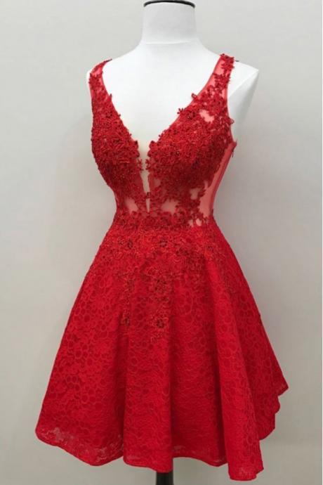 Red Lace V-neckline With Lace Applique Short Party Dress Hand Made Red Formal Dresses Homecoming Dress Sa54